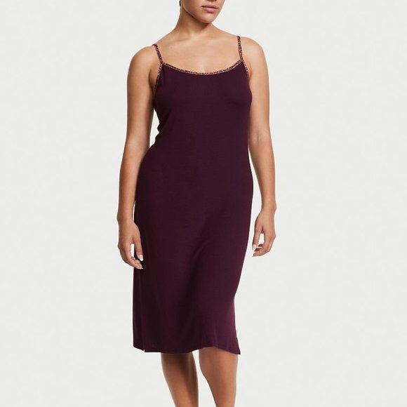 VS Modal Rib Nightgown Purple w/ Leopard Print Trim So Comfy and Cute - Picture 3 of 15